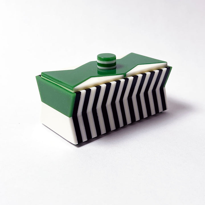 Polished Lucite Keepsake Box: Black, Cream, Green Zigzag