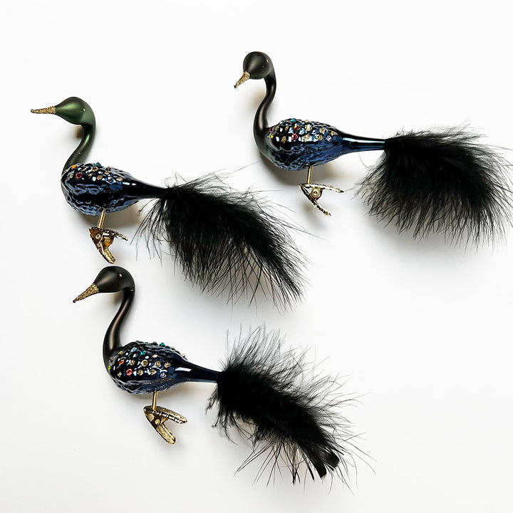 Gem Encrusted Black Swan with Feather Tail Glass Clip Ornament