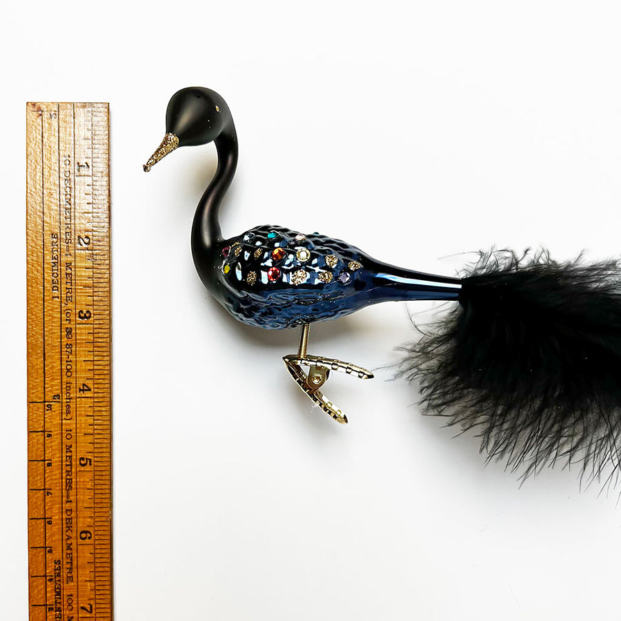 Gem Encrusted Black Swan with Feather Tail Glass Clip Ornament