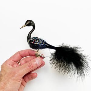 Gem Encrusted Black Swan with Feather Tail Glass Clip Ornament