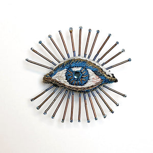 Beaded Radiant Blue Eye Embroidered Pin by Trovelore