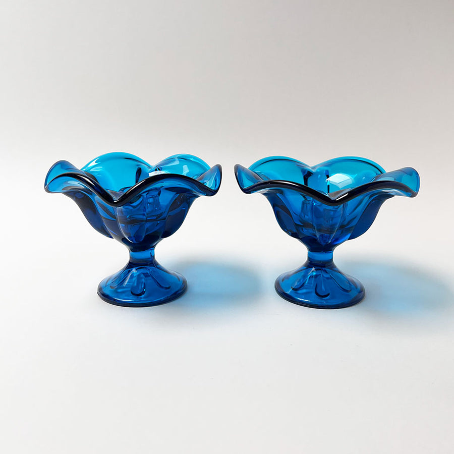 Vintage Blue Glass Footed Candle Holder (Pair)