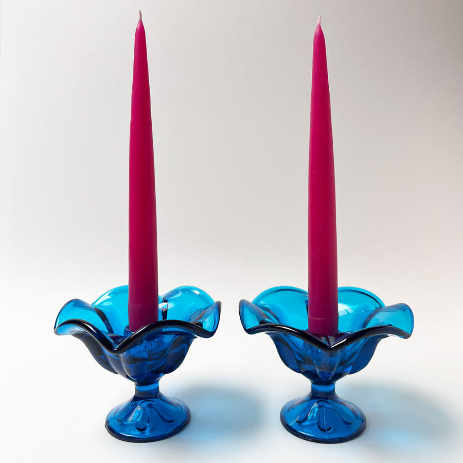 Vintage Blue Glass Footed Candle Holder (Pair)