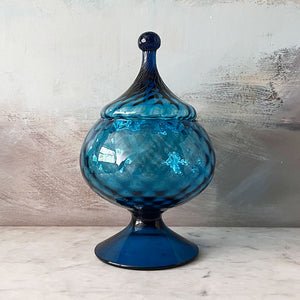 Vintage Midcentury Blue Glass Lidded Footed Bowl