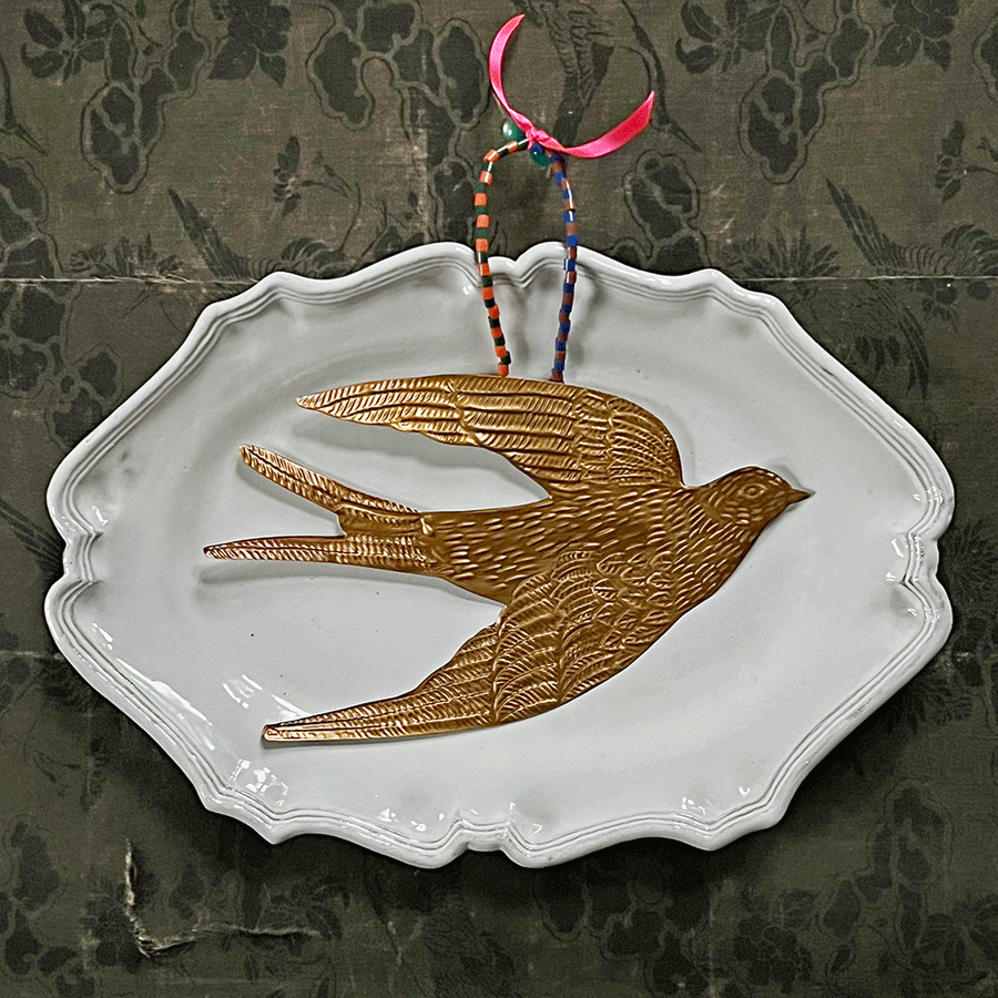 Brass Flying Swallow with Pink Ribbon Wall Art