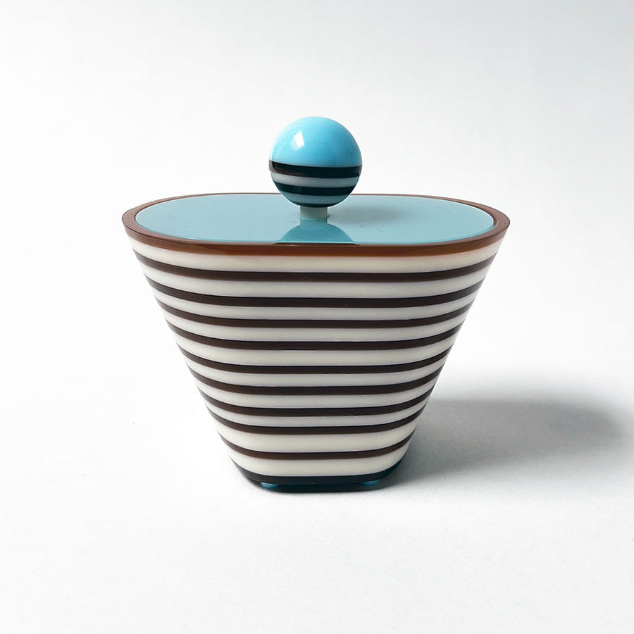 Polished Lucite Keepsake Box: Brown, Cream, Blue Oval