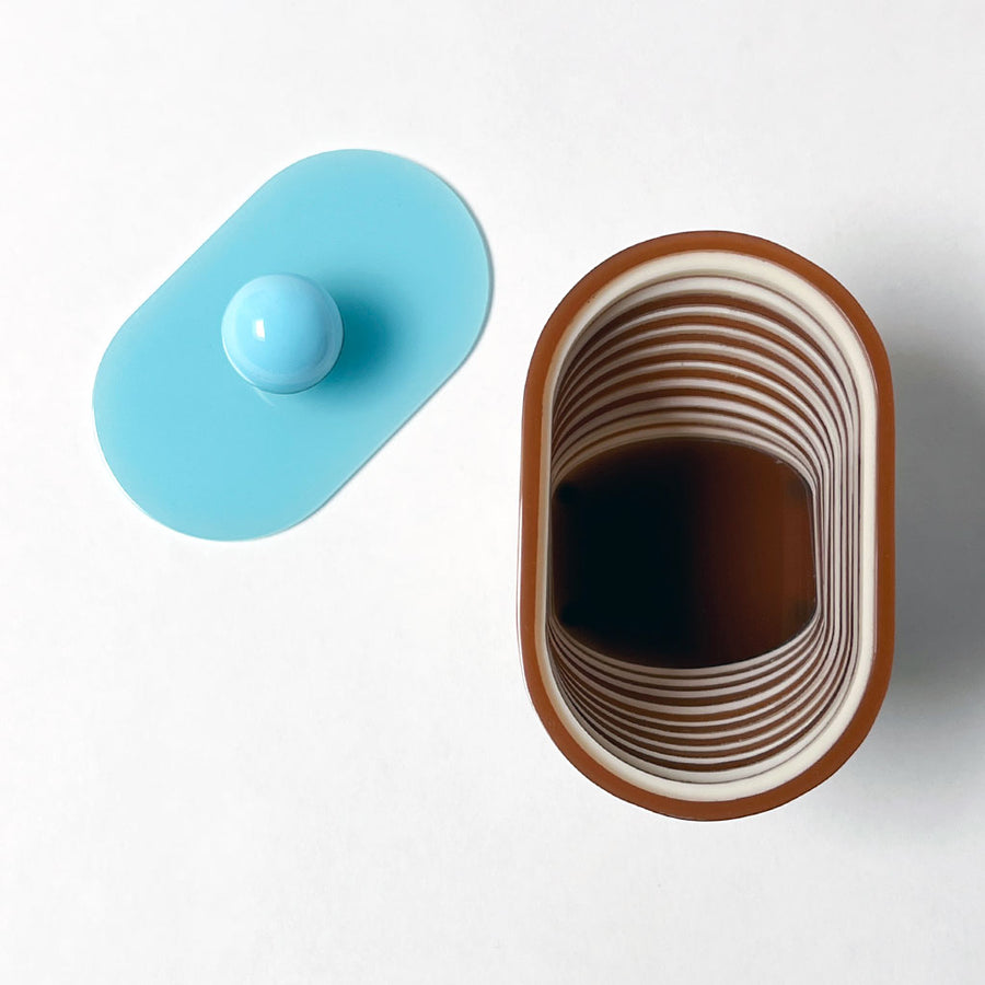 Polished Lucite Keepsake Box: Brown, Cream, Blue Oval