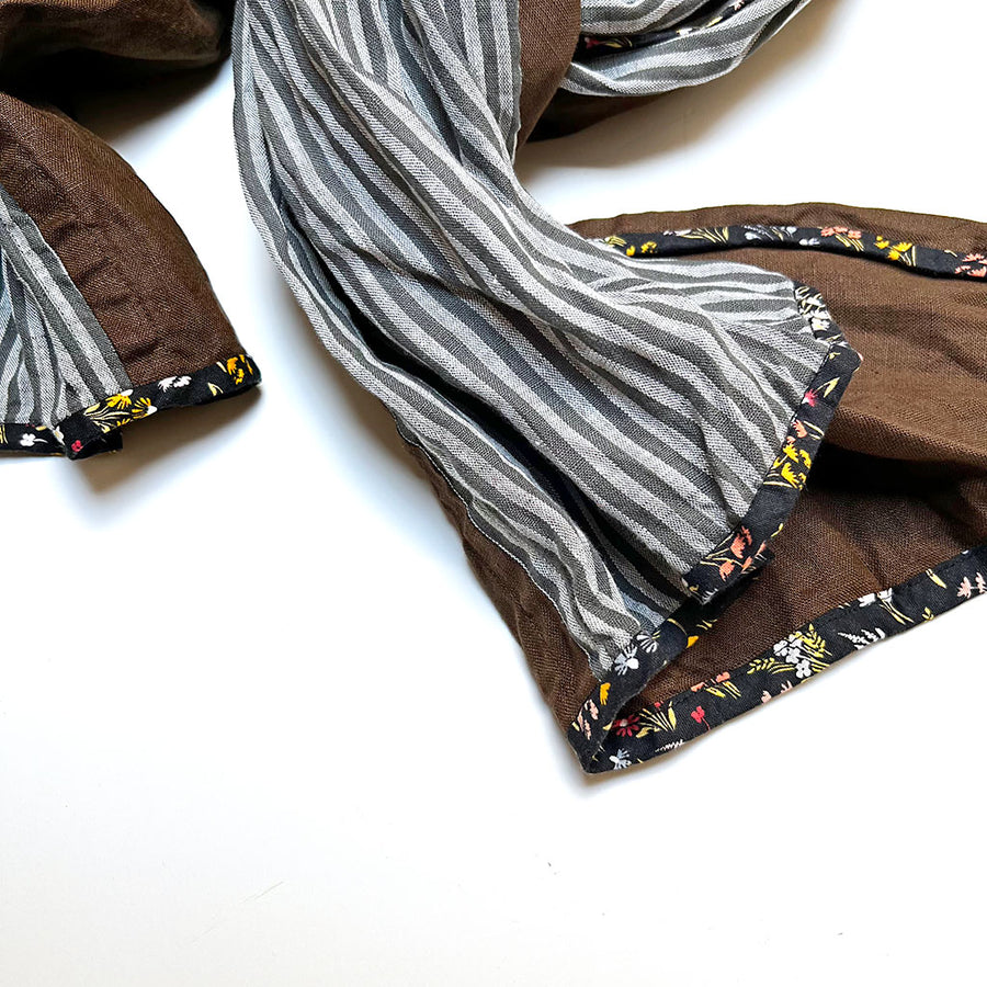 PATCH NYC Cocoa Brown with Grey Narrow Stripe Mixed Fabric Scarf