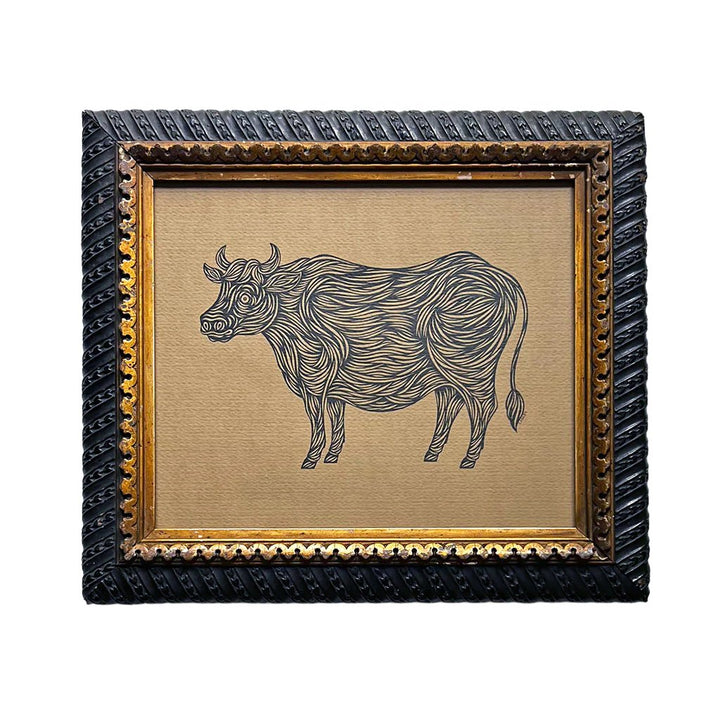 Don Carney: Grinning Bull, Ink on Paper in Vintage Frame