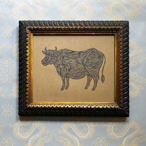 Don Carney: Grinning Bull, Ink on Paper in Vintage Frame