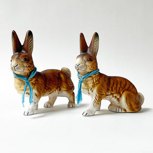 Paper Maché Rabbit Figurine with Vintage Blue Ribbon