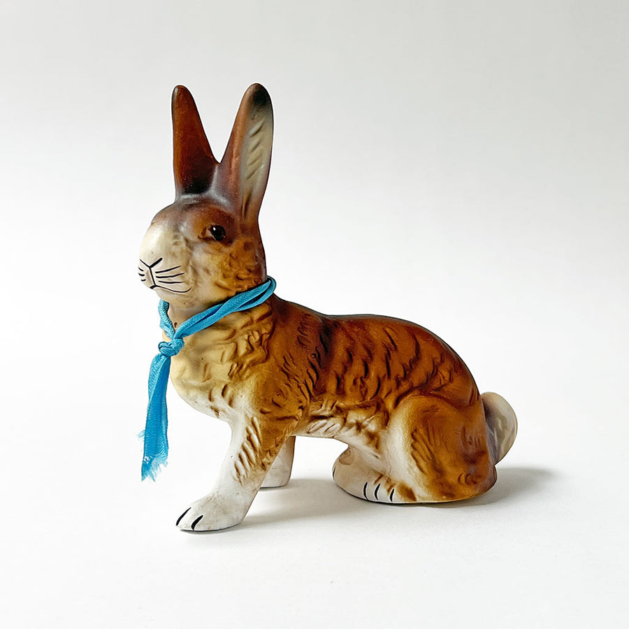 Paper Maché Rabbit Figurine with Vintage Blue Ribbon