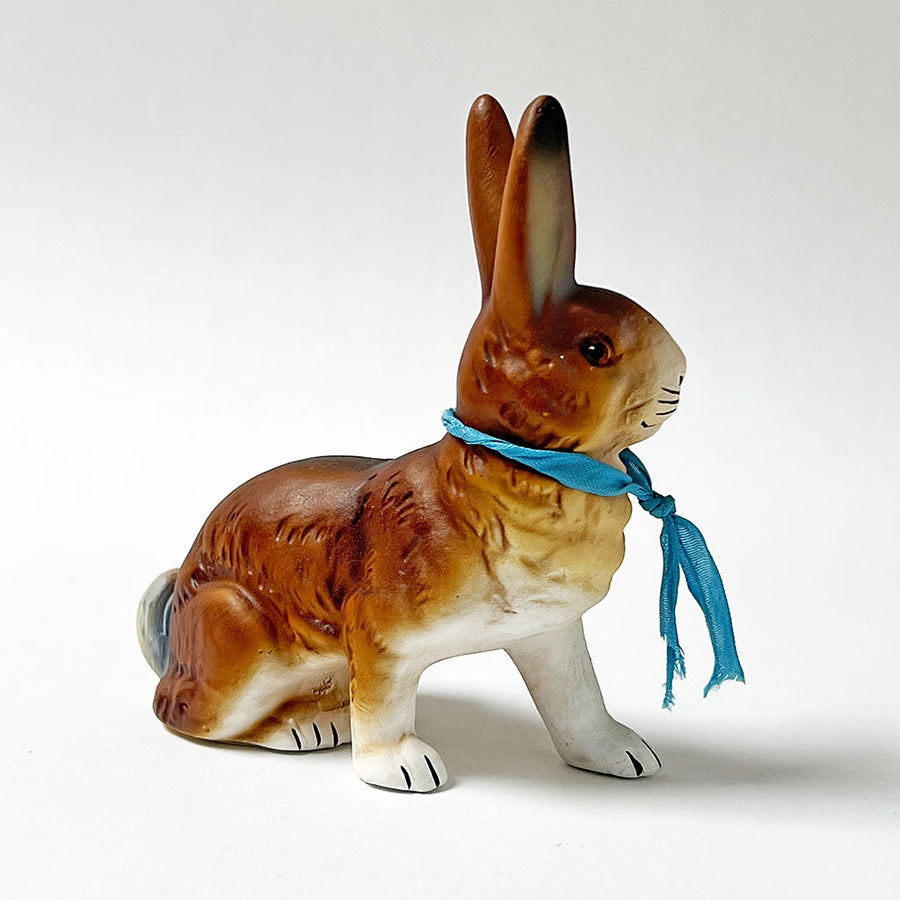 Paper Maché Rabbit Figurine with Vintage Blue Ribbon