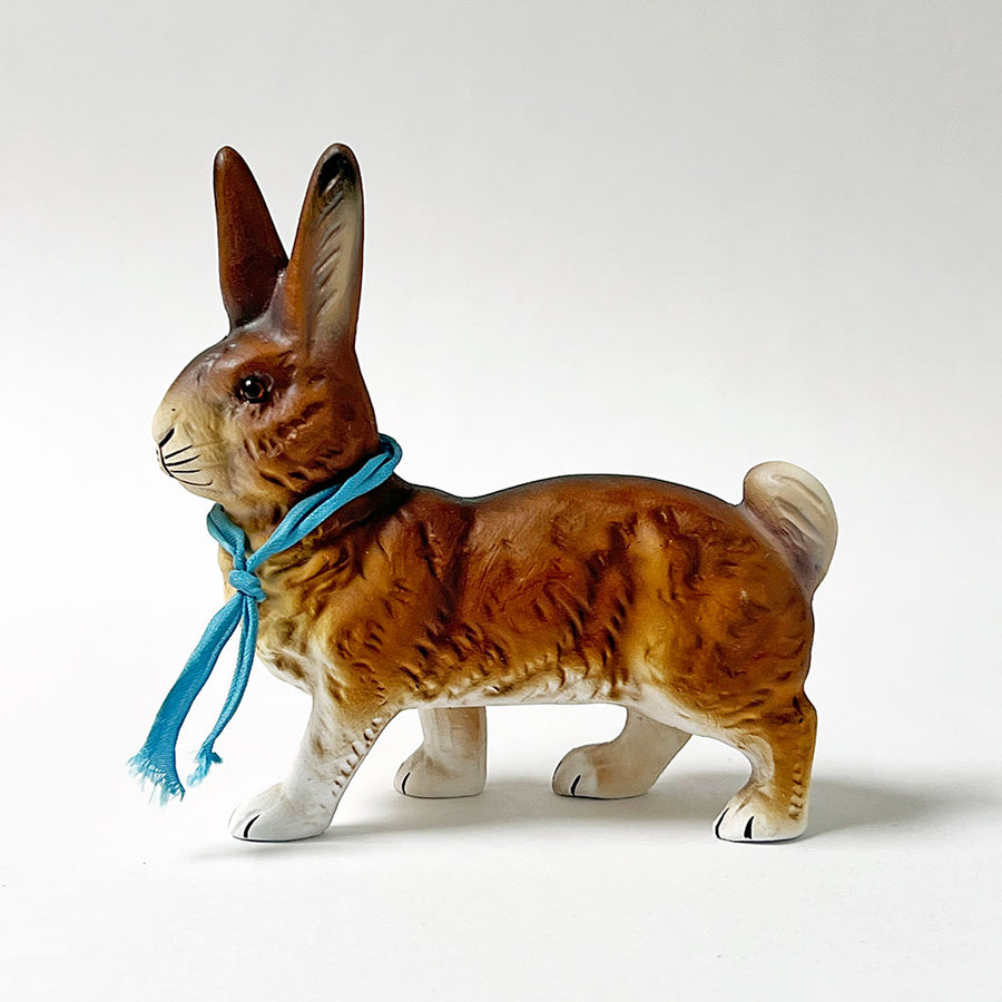 Paper Maché Rabbit Figurine with Vintage Blue Ribbon