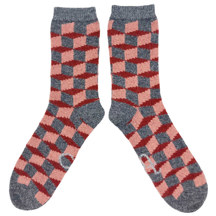 Men's Lambswool Socks: Grey & Pink Cubes