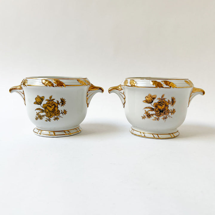 Vintage Ceramic Cachepots with Gold Accents (Set of 2)