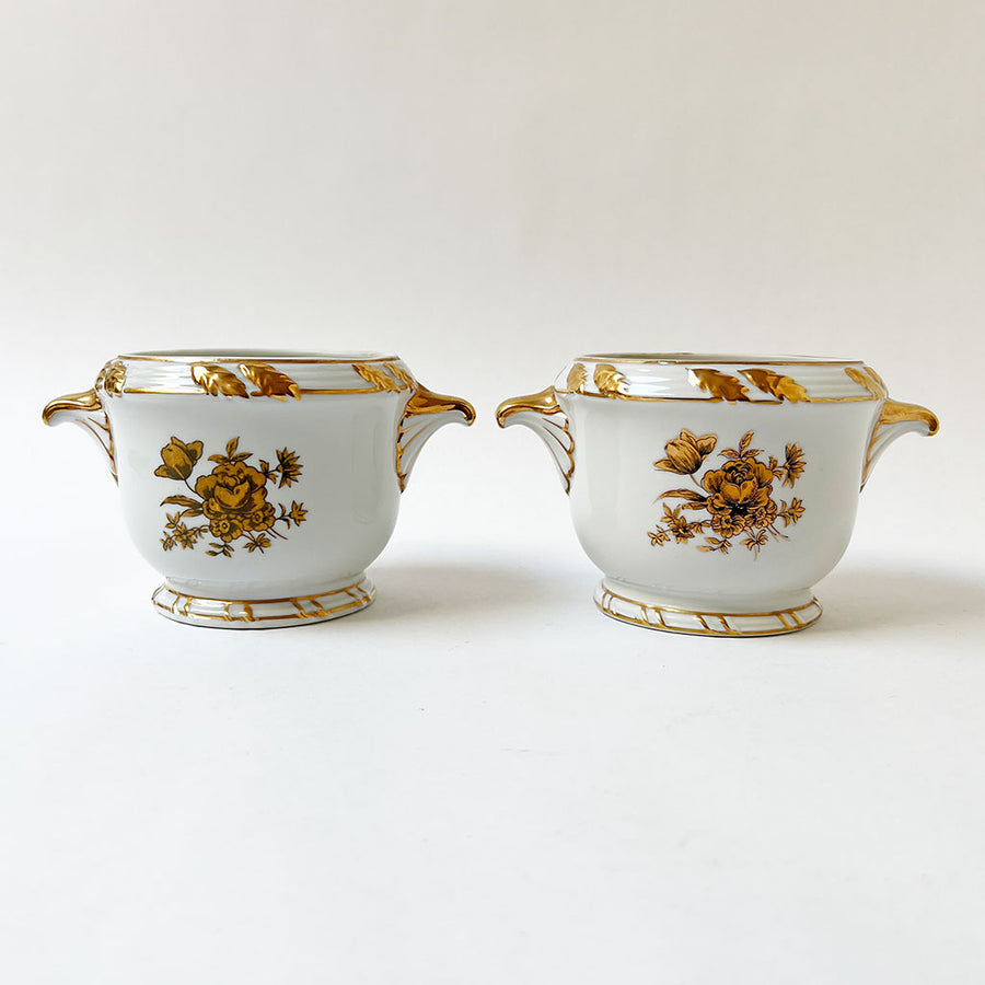 Vintage Ceramic Cachepots with Gold Accents (Set of 2)