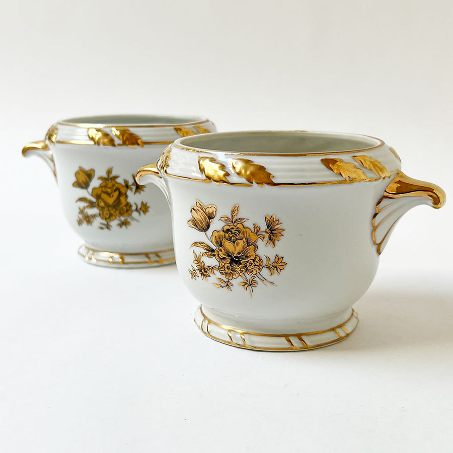 Vintage Ceramic Cachepots with Gold Accents (Set of 2)