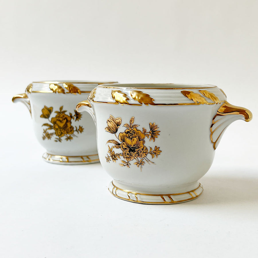 Vintage Ceramic Cachepots with Gold Accents (Set of 2)