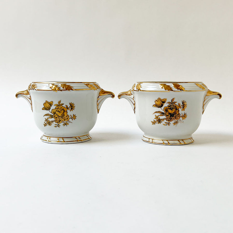 Vintage Ceramic Cachepots with Gold Accents (Set of 2)