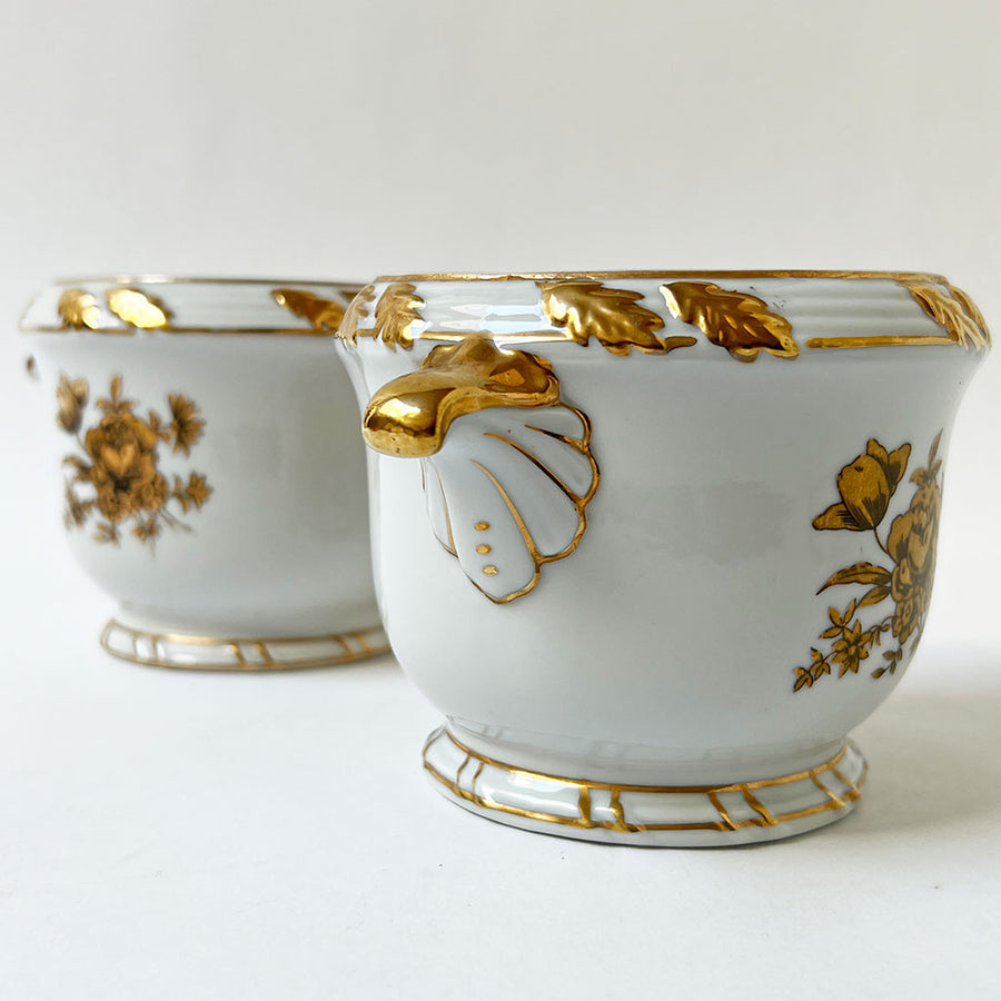 Vintage Ceramic Cachepots with Gold Accents (Set of 2)