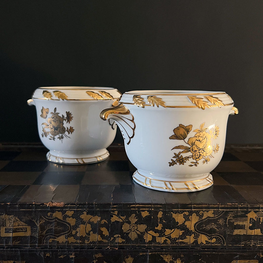 Vintage Ceramic Cachepots with Gold Accents (Set of 2)