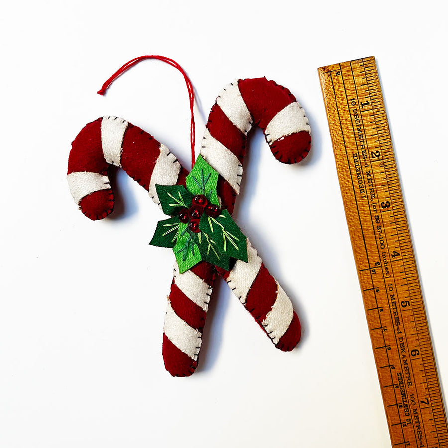 Stitched and Beaded Felt Double Candy Cane Ornament