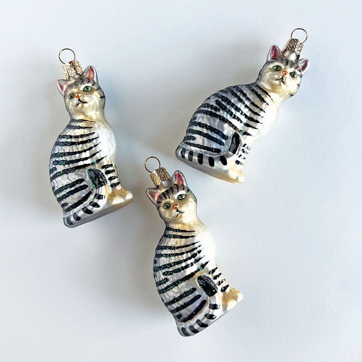 Green Eye Tabby Cat Glass Ornament