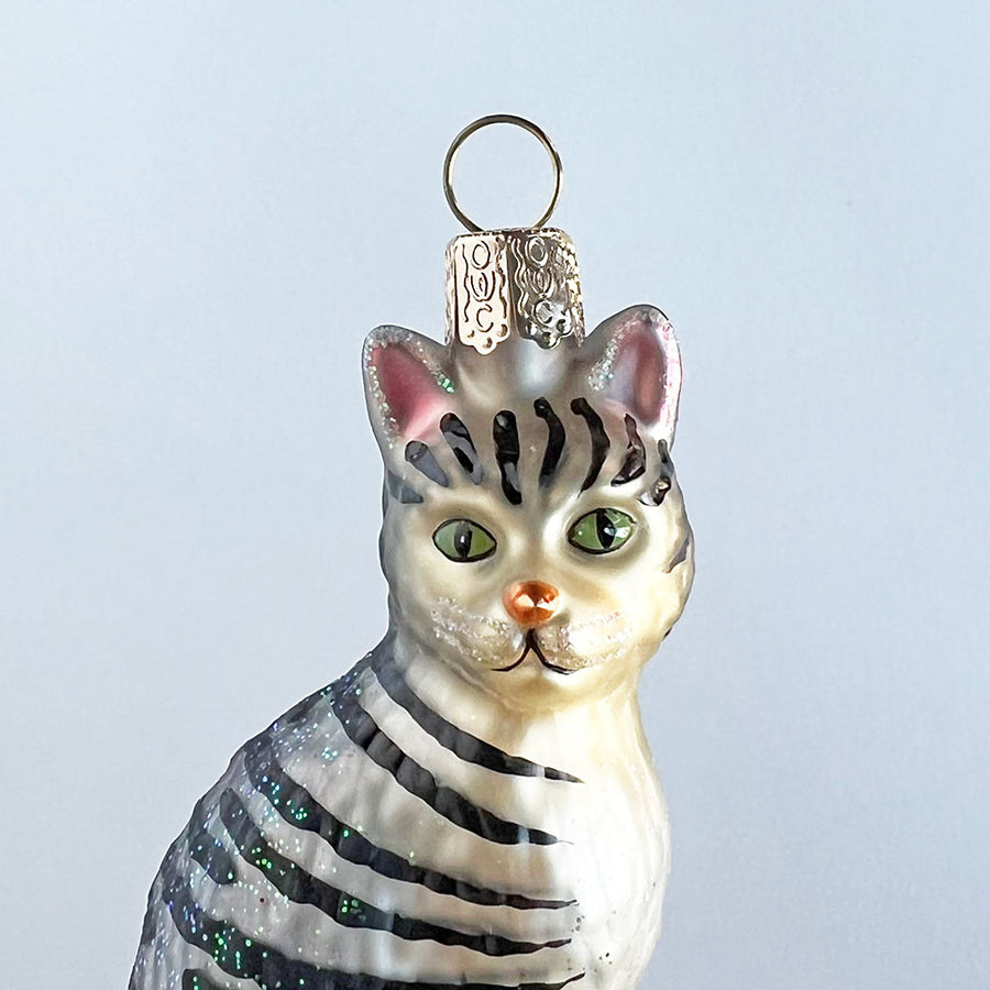Green Eye Tabby Cat Glass Ornament