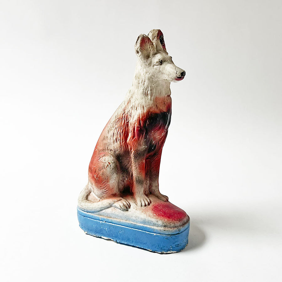 Vintage Chalkware Seated Dog on a Blue Base