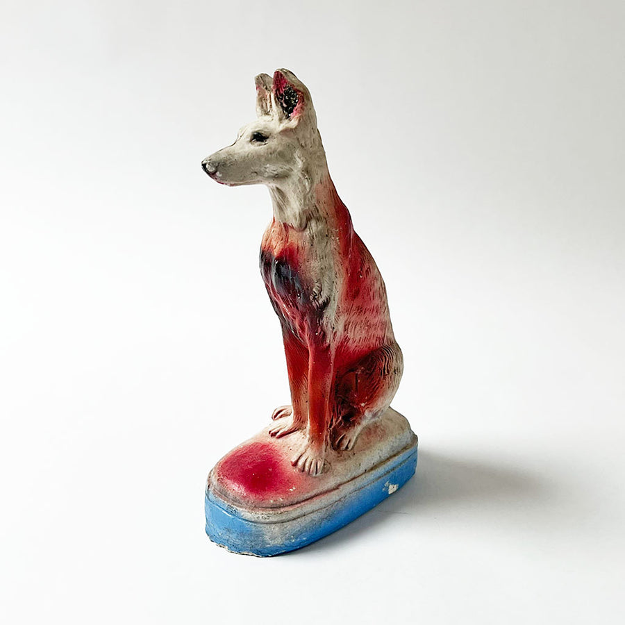 Vintage Chalkware Seated Dog on a Blue Base