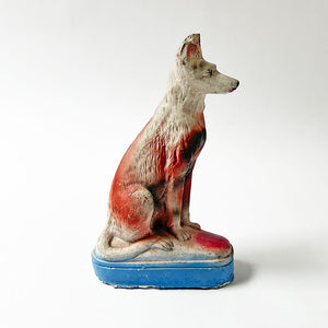Vintage Chalkware Seated Dog on a Blue Base