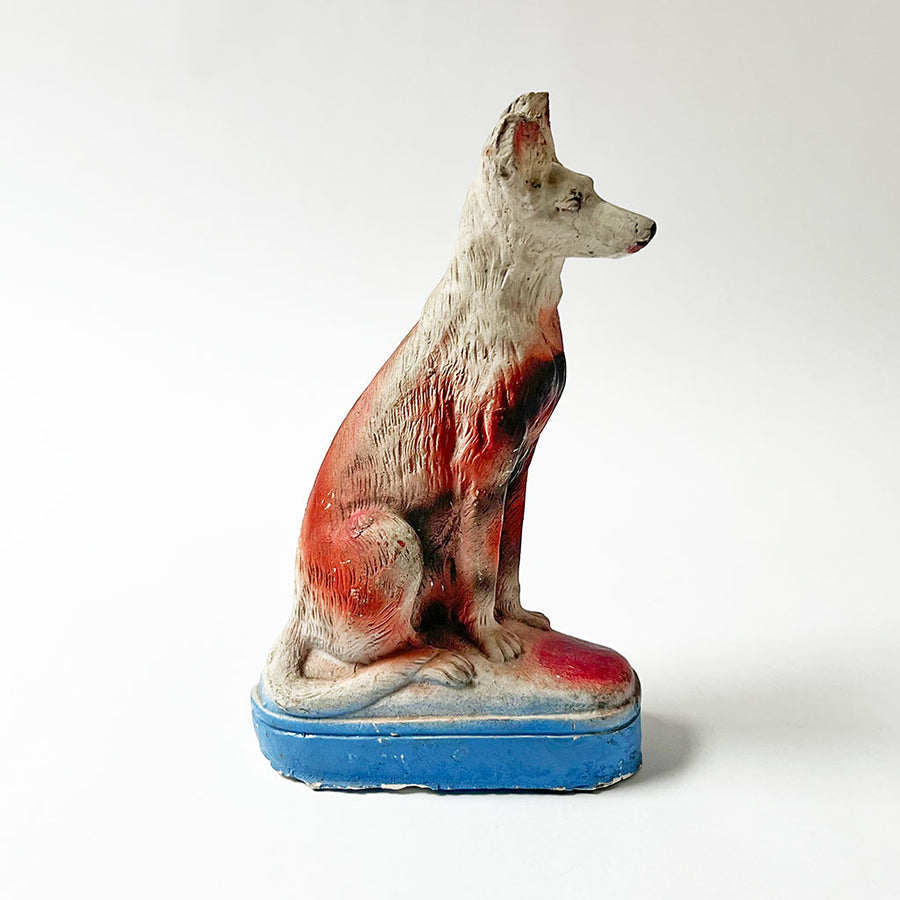 Vintage Chalkware Seated Dog on a Blue Base