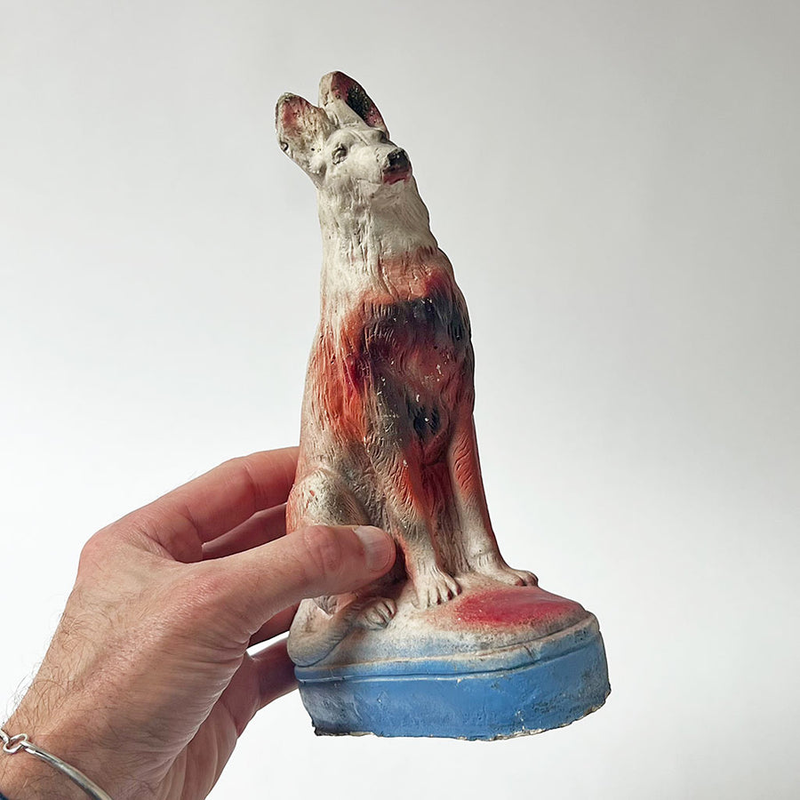 Vintage Chalkware Seated Dog on a Blue Base