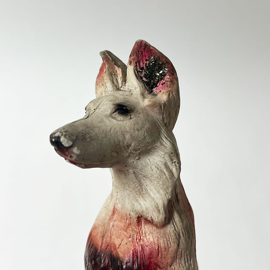 Vintage Chalkware Seated Dog on a Blue Base
