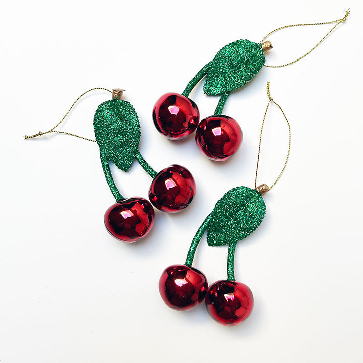 Double Bing Cherry Stem Glass Ornament