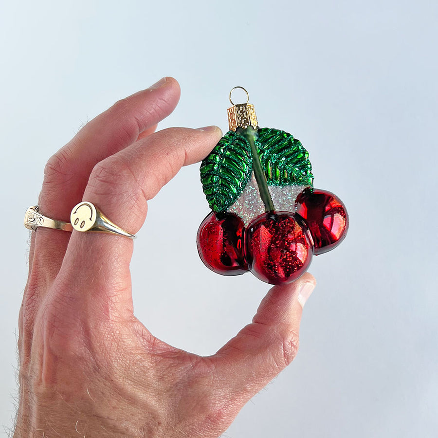 Cherries with Leaves Glass Ornament