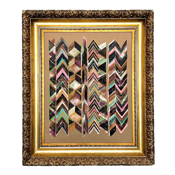 Don Carney: Pink, Brown & Turquoise Chevron, Original Block Print on Paper in Vintage Frame