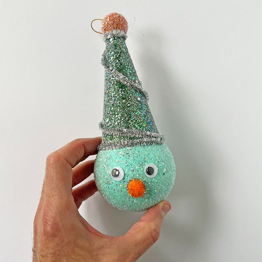 PATCH NYC Blue Snowman with a Party Hat Paper Mache Ornament