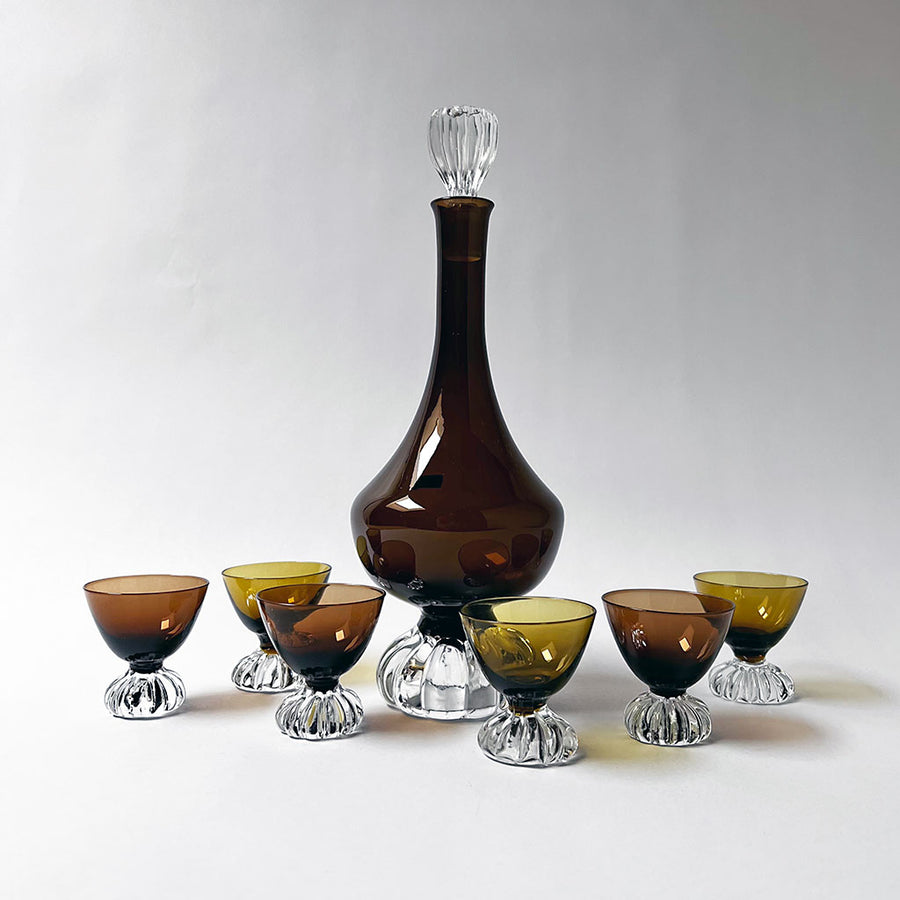 Vintage Mid-Century Aseda Cordial Set with Carafe and Glasses Smoky Topaz & Olive Made in Sweden