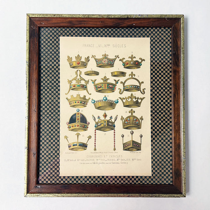 French Crowns from the 6th-11th Centuries Original Vintage Chromolithograph in Wood Frame