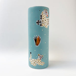 Waylande Gregory Tall Cylinder Vase with Leopards Aqua