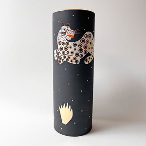 Waylande Gregory Tall Cylinder Vase with Leopards Matte Black