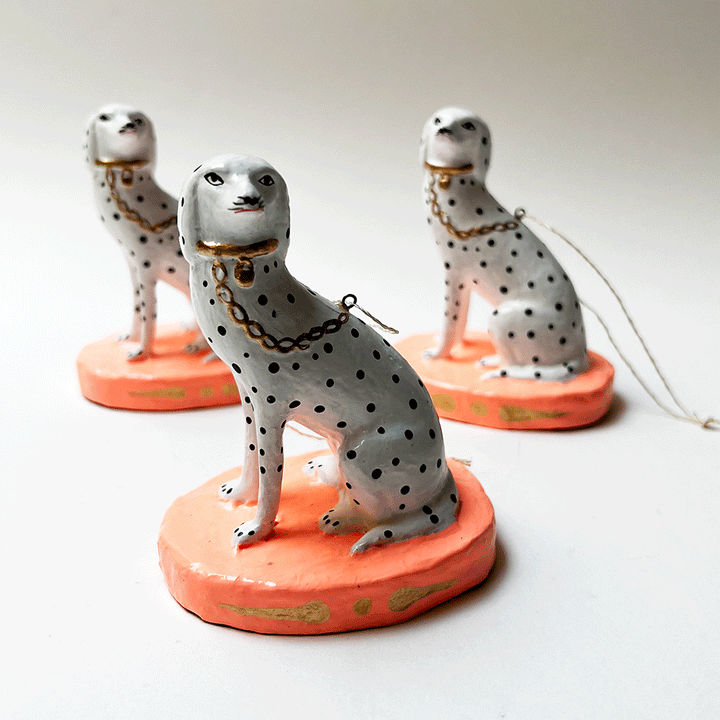 Fancy Dalmation Dog on Coral Paper Mache Ornament