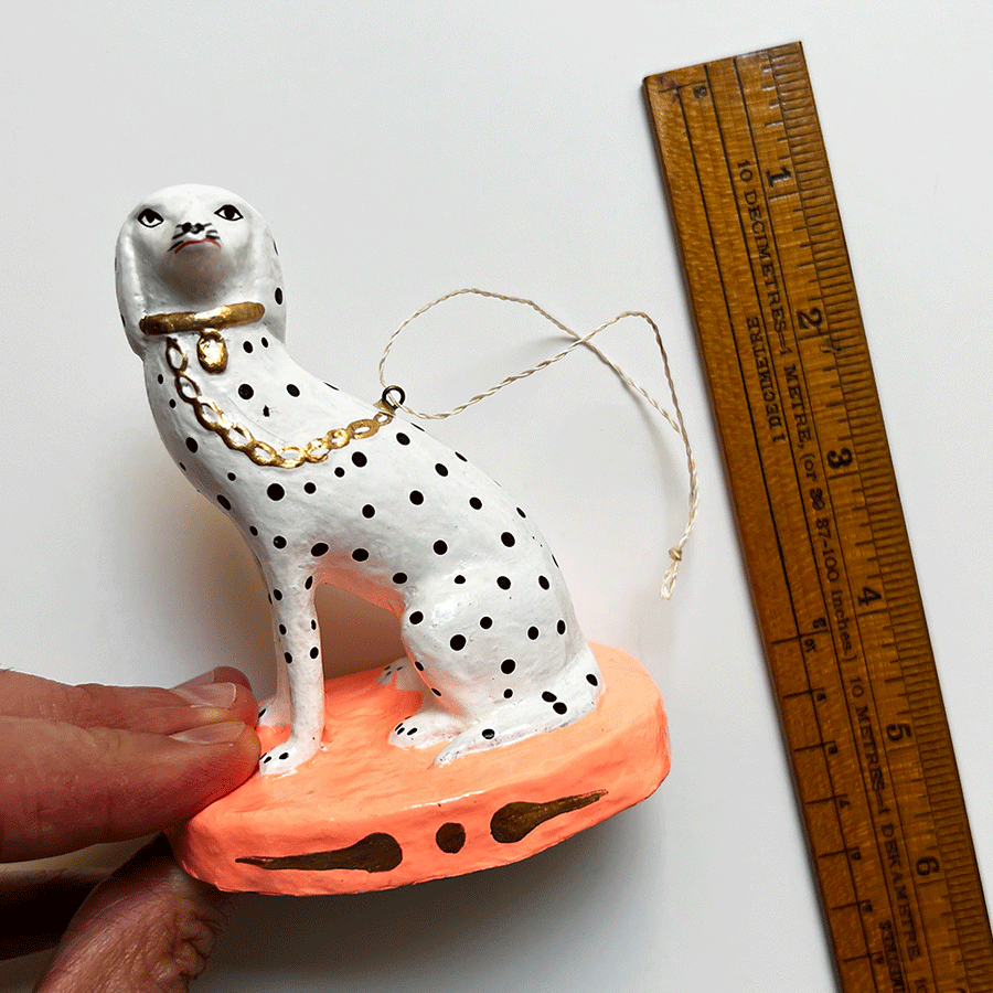 Fancy Dalmation Dog on Coral Paper Mache Ornament