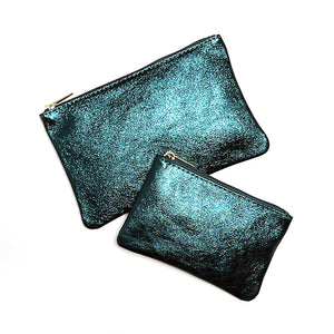 Midnight Teal Metallic Leather Pouch