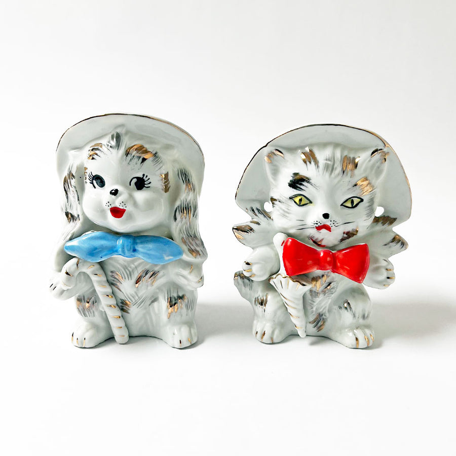 Vintage Cat and Dog in Bows Ceramic Figurines