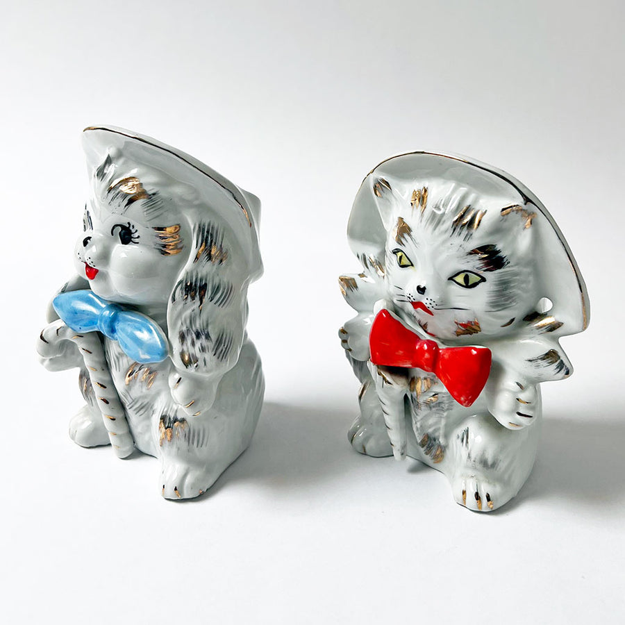 Vintage Cat and Dog in Bows Ceramic Figurines