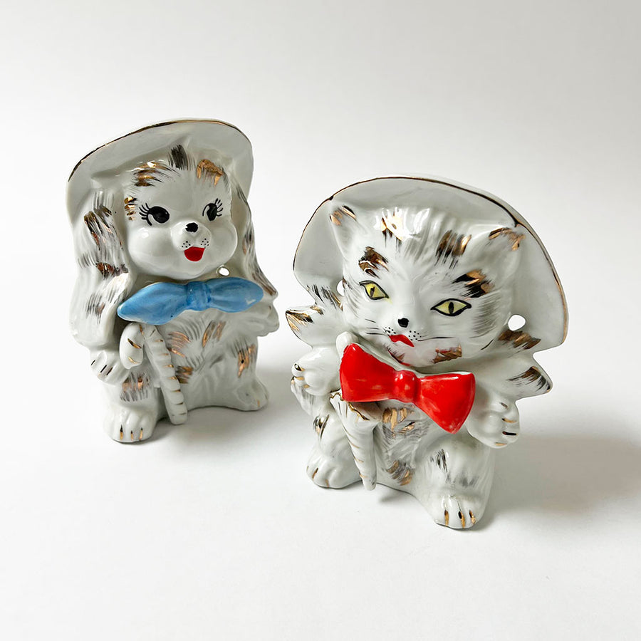 Vintage Cat and Dog in Bows Ceramic Figurines