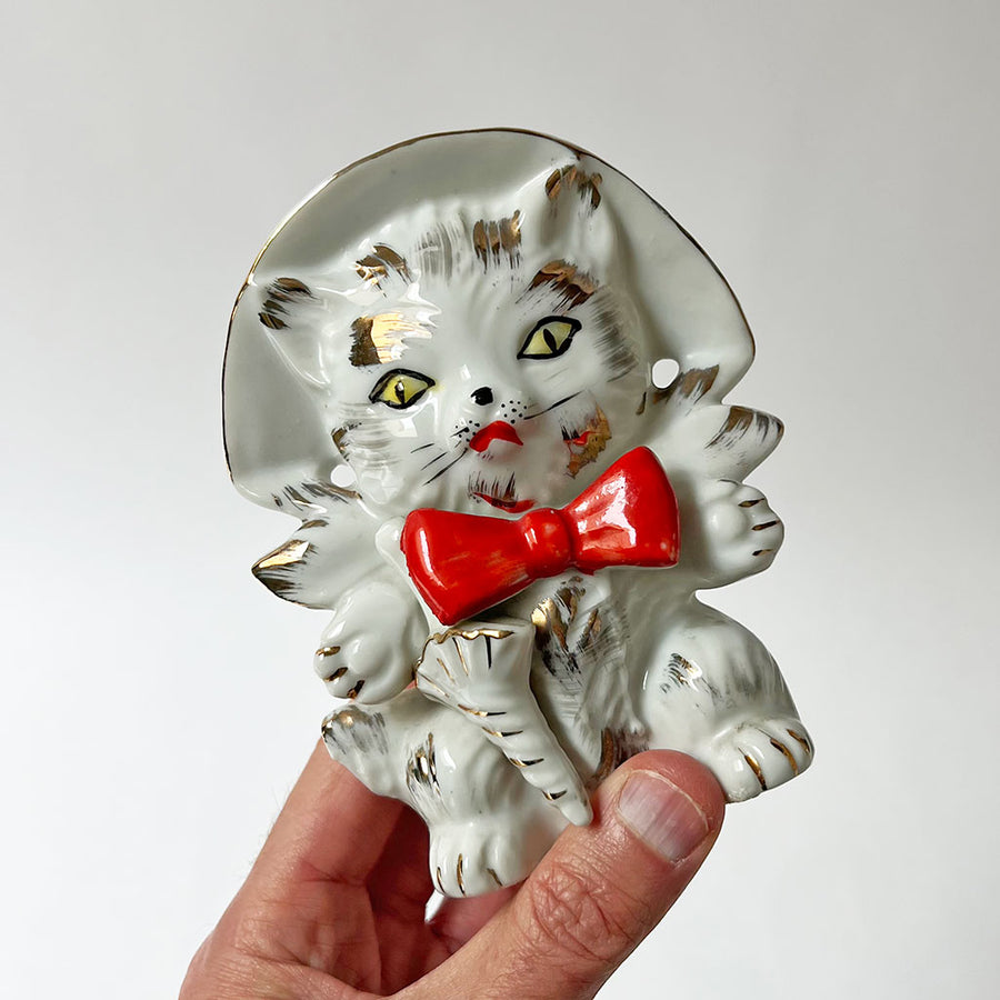 Vintage Cat and Dog in Bows Ceramic Figurines